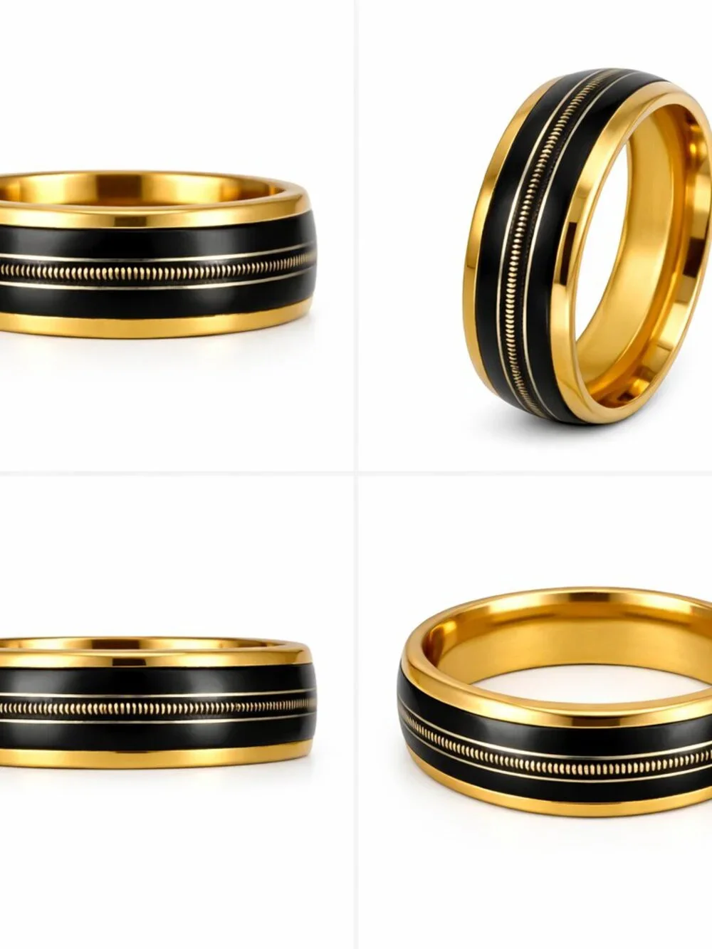 Size 11 Gold Stainless Steel 8mm Wedding Band – Black, Guitar String Inlay